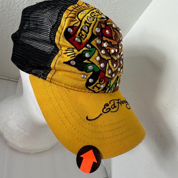 ED HARDY VTG HAT BASEBALL CAP YELLOW BLACK y2k 90s Christian Audigier Trucker - Picture 10 of 15
